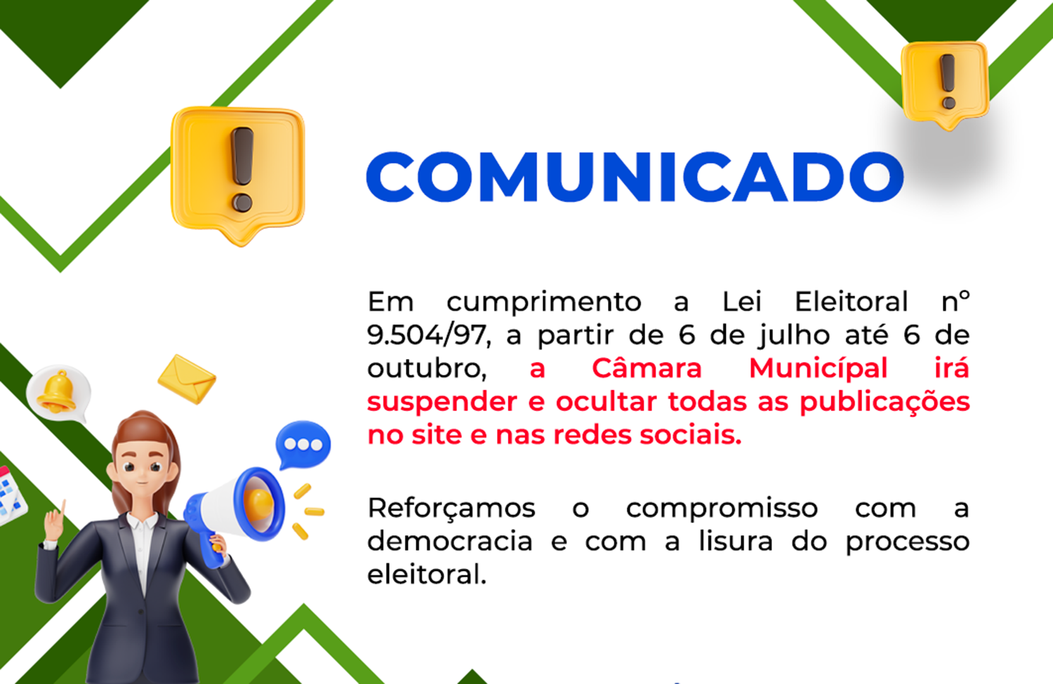 Câmara de Dois Irmãos se adequa às normas eleitorais e suspende as publicações no site institucional e redes sociais durante período eleitoral