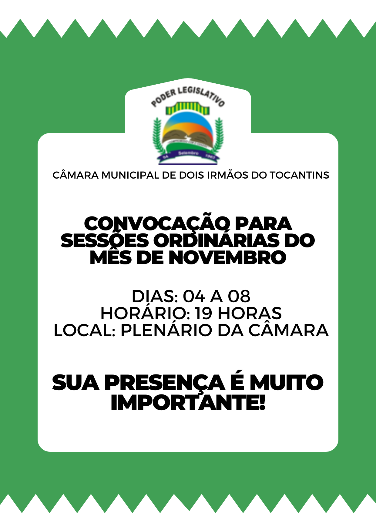 Câmara Municipal de Dois Irmãos do Tocantins convoca vereadores para sessão ordinária em novembro